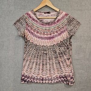 Prana Womens M Geometric Print Short Sleeve T Shirt Top Boho Artsy Festival
